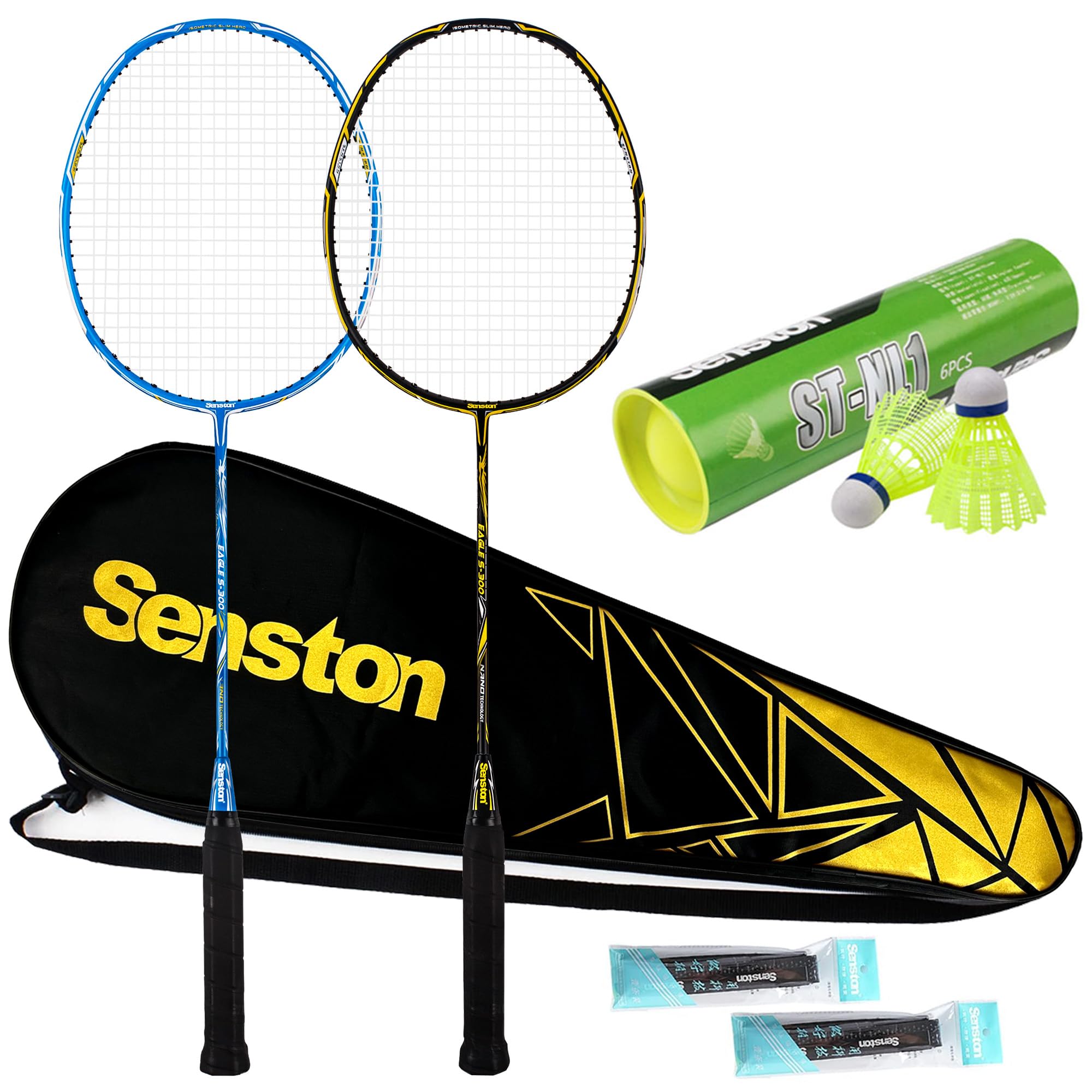 Senston 2 Pack Badminton Racket Set Graphite Full-Carbon Badminton Racquet With Premium Quality Protective Carry Case and 2 Overgrips