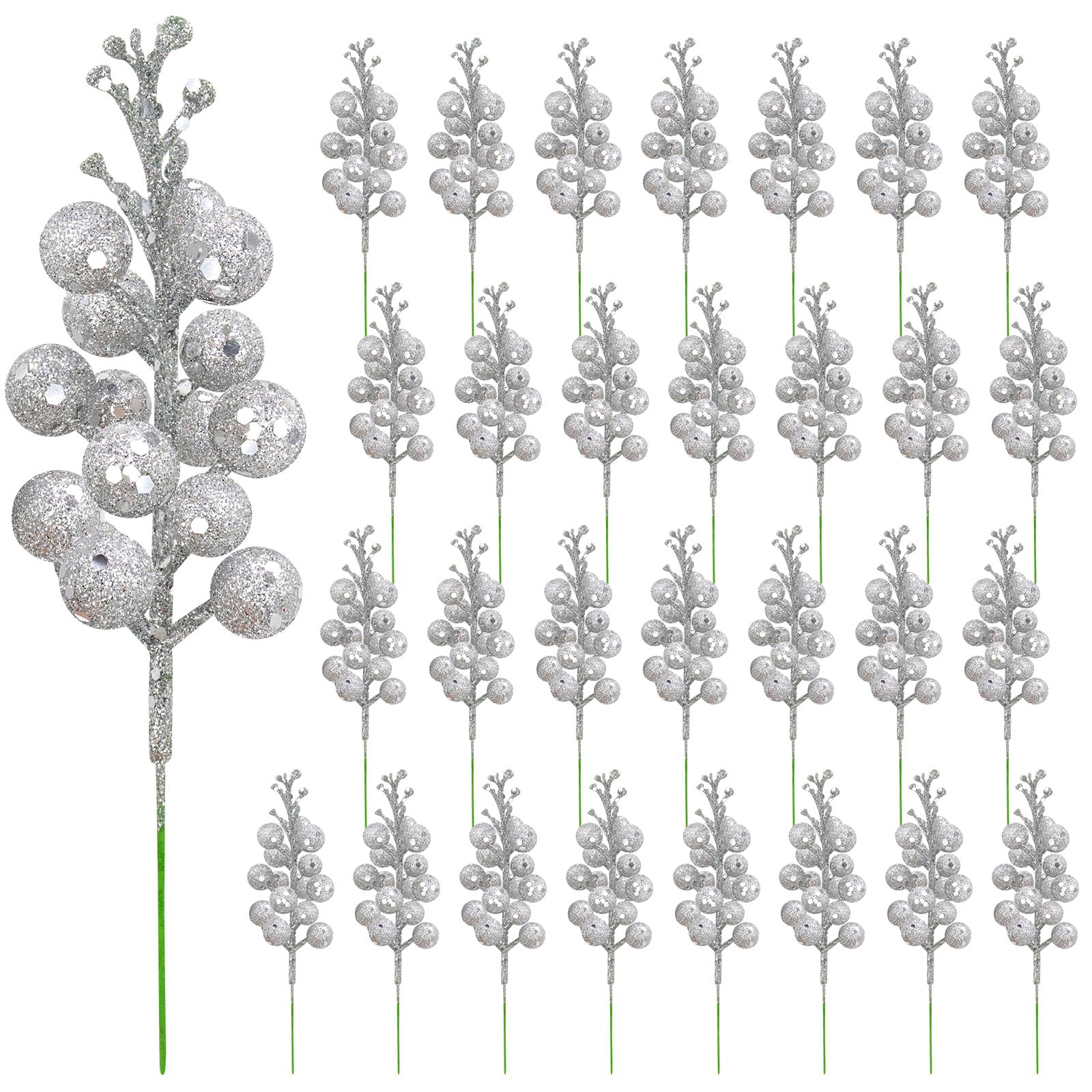 Yueshop 30 PCS Artificial Berries Stems - Christmas Tree Decorations, Silver Berry Stems, Glitter Branches, Picks for Wreath, Wedding Party, DIY Crafts, Xmas Decoration