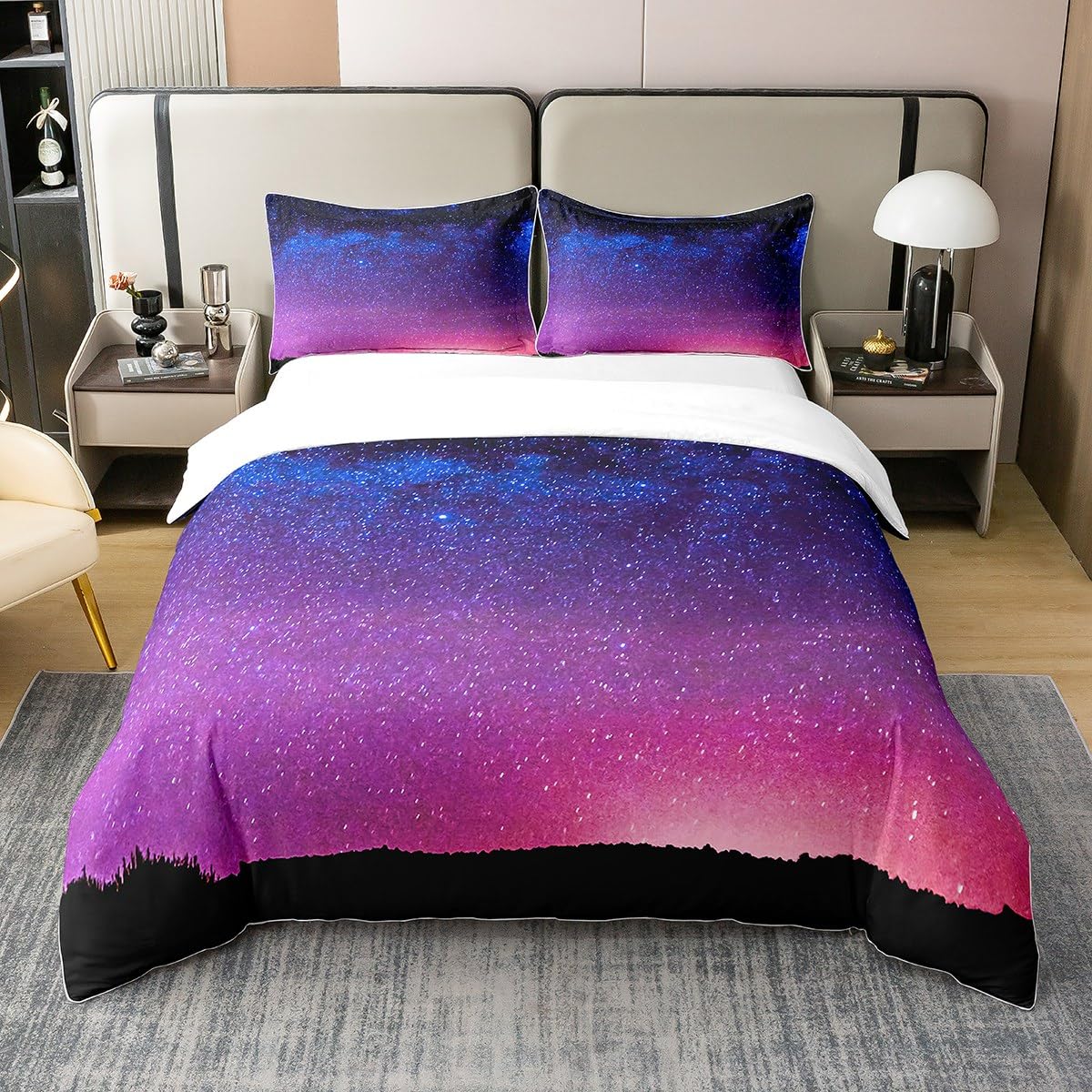 Galaxy 100% Cotton Duvet Cover Universe Galaxy Starry Sky Bedding 100% Cotton Set Adults Star Night Nebula Duvet Set Soft Luxurious Quilted Duvet Set Bedroom Collection 3Pcs Double Zipper
