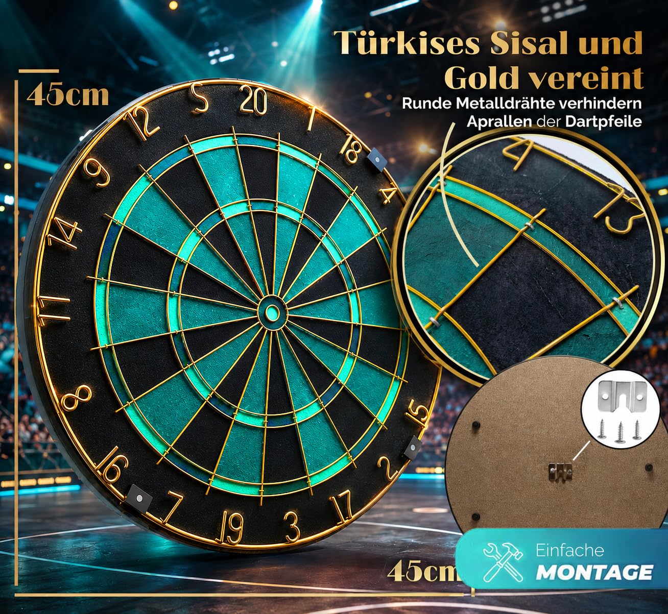 Dartscheibe Dartboard Sisal Professionell Türkis mit Goldener Zahlenring & Pfeilen - Profi Steeldartscheibe - Dart Scheibe Target mit 6 Dartpfeilen Metallspitze golddart Flight Barrels shafts schäfte 5