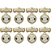 8 Pack Church Greeter Badges Multipack, Pin Back Gold Tone Fancy Round Welcome Badge for Church Leadership, Reusable Name Badges for Greeters, Ushers, and Choir