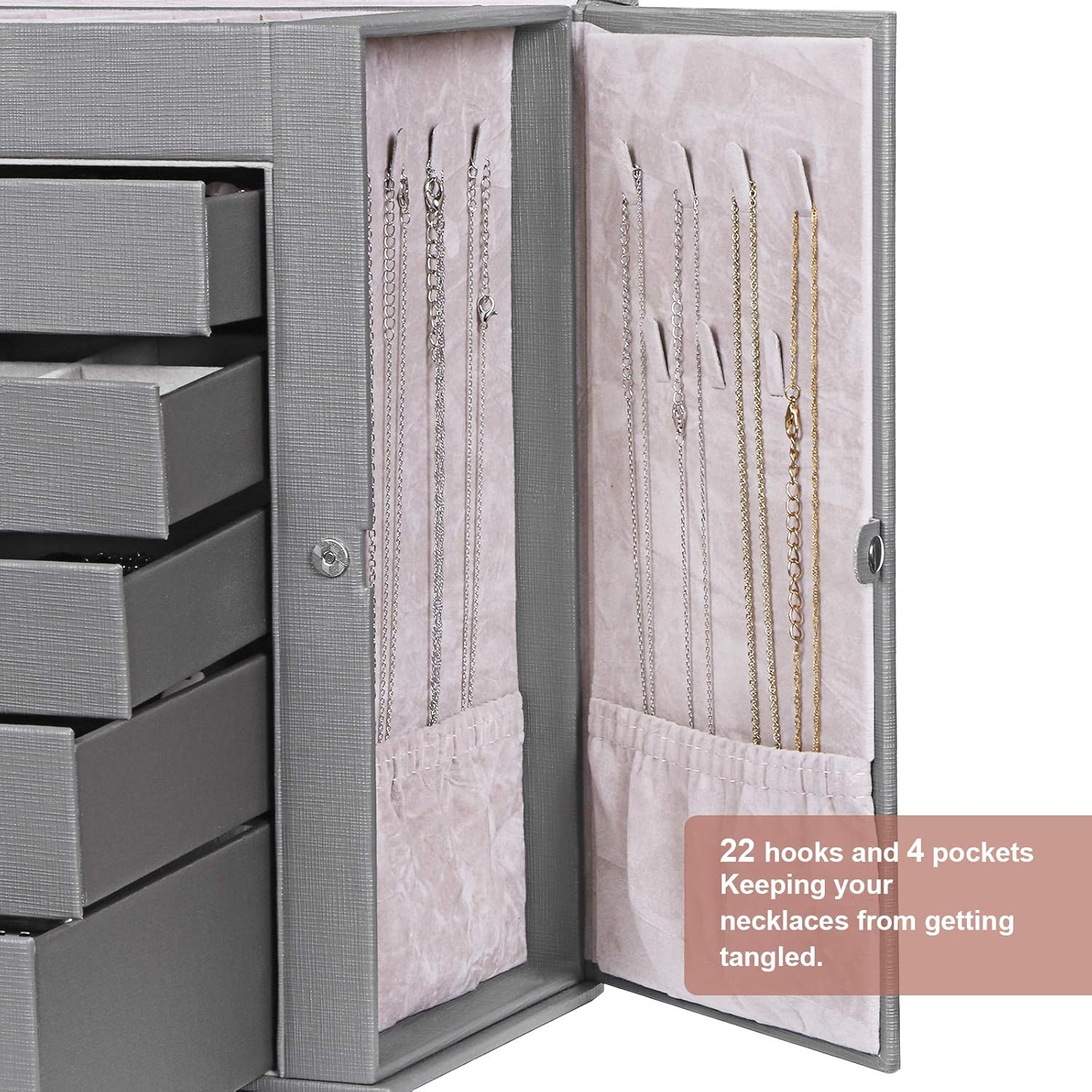 ANWBROAD 6 Tier Huge Jewelry Box Jewelry Organizer Box Display Storage Case Holder with Lock Mirror Girls Jewelry Box for Earrings Rings Necklaces Bracelets Earrings Gift Grey Faux Leather UJJB004H: Home & Kitchen