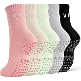 FITFEL 5 Pairs Pilates Socks Yoga Crew Socks with Grips for Women Non Slip | Ballet Sticky Socks With Bottom Grippers for Studio Reformer Workout &amp; Barre, Dance, Home or Hospital