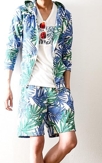Amazon グラシアス Gracias 梨地 パイル ボタニカル柄 セットアップ メンズ パーカー ショートパンツ 上下 2点セット ハーフパンツ ショーツ スウェット リゾート Ts328su ショートパンツ 通販