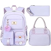 School Backpack for Teen Girls Women College Laptop Backpacks Girl Cute Bookbag Set with Lunch Box Pencil Case Kids Elementary Middle High Bag 3 Pcs Students Bookbags Set Travel Daypack-Purple