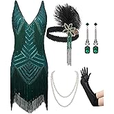 SWEETV Womens 1920s Flapper Dress,V Neck Great Gatsby Fringe Cocktail Dress with 20s Accessories Set-Roaring 20s Costume