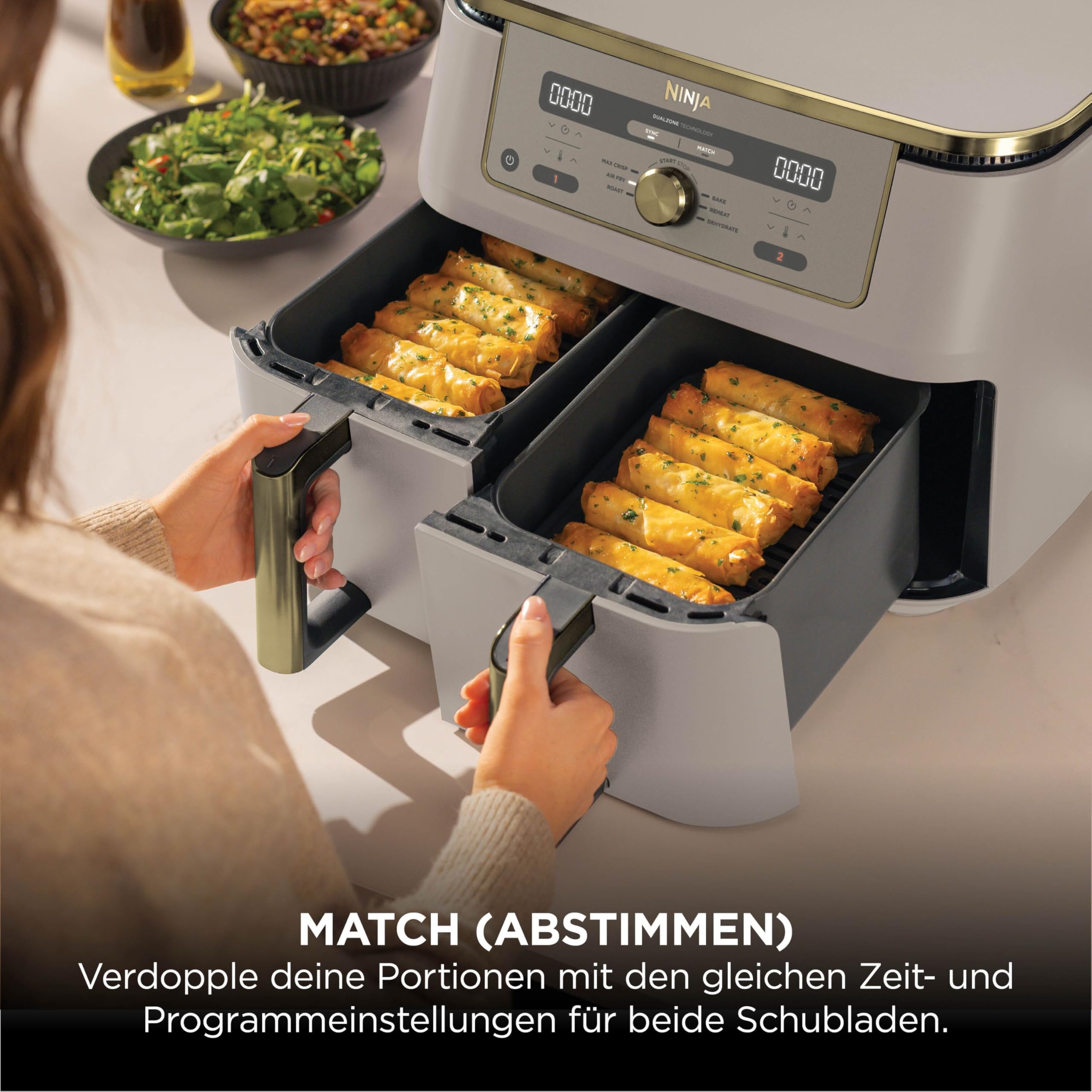 Ninja Dual Zone Digital Air Fryer, 2 Schubladen, 6-in-1, Heißluftfritteuse, 9,5L, Heißluft-Frittieren, Max Crisp, Rösten, Backen, Aufwärmen, Spülmaschinenfeste Körbe, Stone/Gold DZ400EUSTGD 4
