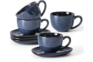 VICRAYS 6.5 oz Cappuccino Cups with Saucers，Ceramic Coffee Cup for Au Lait, Double Shot, Latte, Cafe Mocha, Tea - Set of 4 (S