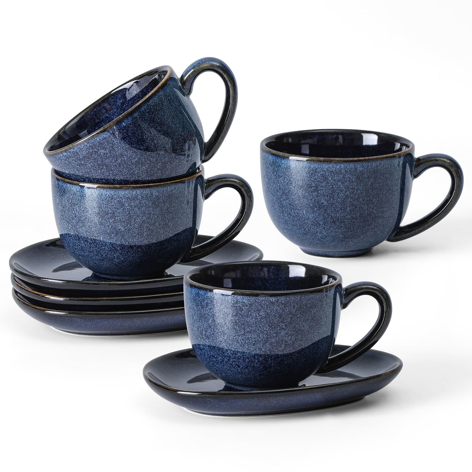 vicrays 6.5 oz Cappuccino Cups with Saucers, Set of 4, Ceramic Coffee Cup for Au Lait, Double shot, Latte, Cafe Mocha, Tea (Starry Blue)
