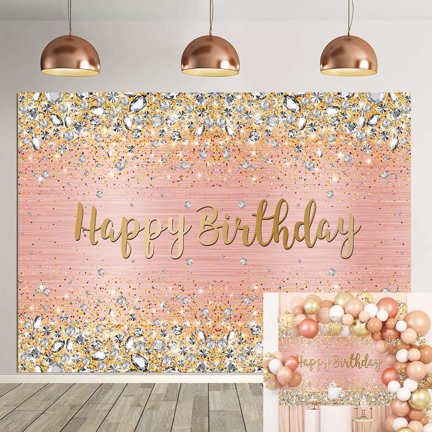 Happy Birthday Backdrop Diamonds Shining Bokeh Pink and Gold Dot Glitter Sparkle Photography Background for Women Girls Lady Sweet Party Decorations Photo Props (8X6FT)