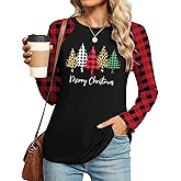 ELDPS Christmas Shirts for Women: Merry Christmas Shirt Xmas Tree Tshirt Holiday Long Sleeve Plaid Tops Blouse