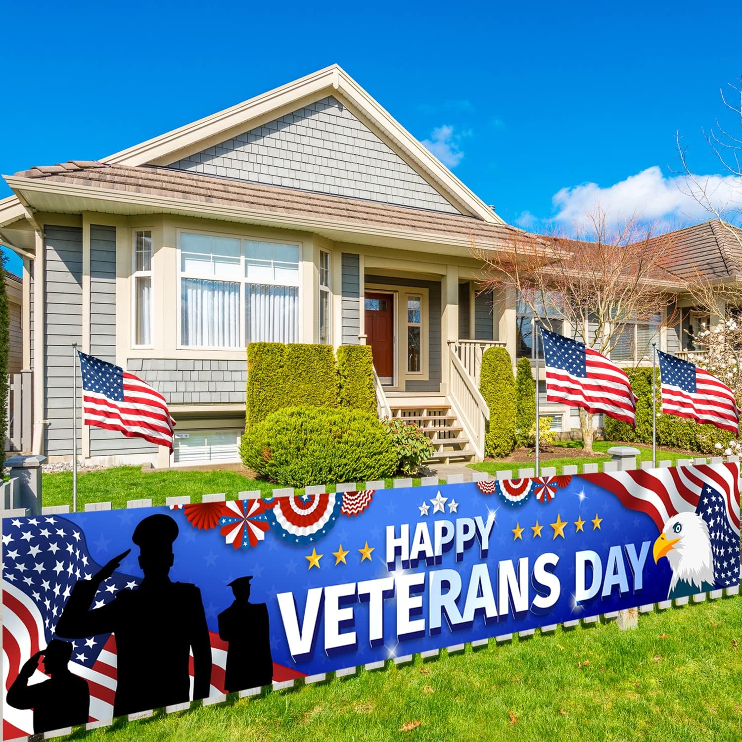 Flags - Veterans Day Decorations Banner Outdoor Yard Sign, Large 9.8x1.6ft Outdoor Happy Veterans Day Banner, American Flag Patriotic Soldier Veterans Day Banner Outdoor Indoor Front Door Fence Decorations