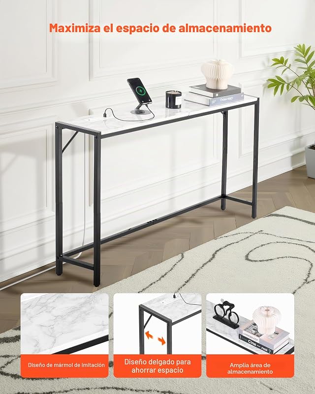 Consola de Mármol Estrecha y Larga con Toma de Corriente 110x23,9x74,2 cm Mesa Auxiliar de Sofá con Tubos de Hierro Dispositivo Antivuelco Soporta hasta 20 kg para Salón, Entrada, Recibidor