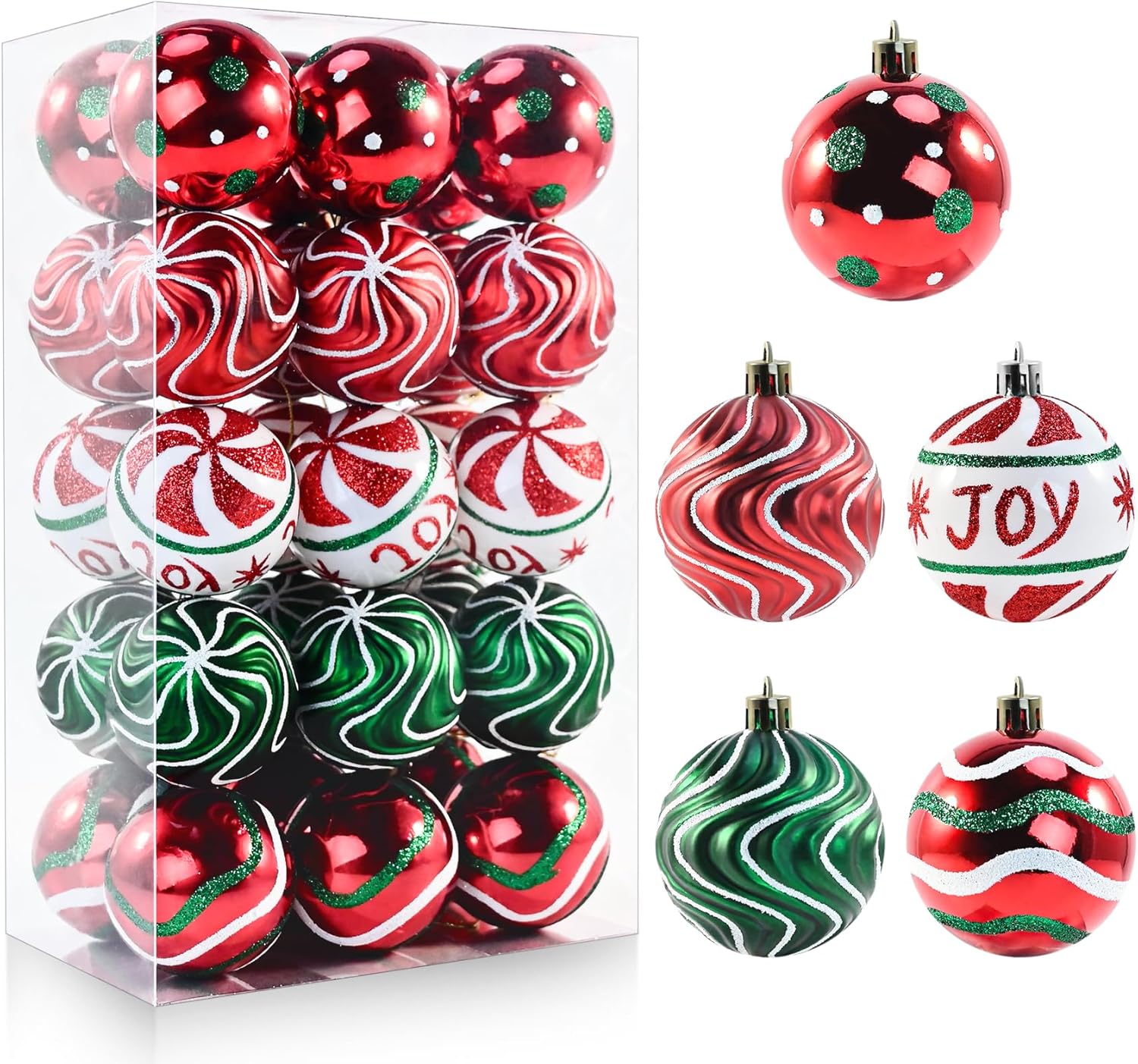 Ornaments - pyntop 30 PCS Christmas Balls Ornaments, 2.36'' Red Green White Christmas Balls, Shatterproof Xmas Balls Decoration for Christmas Tree, Painting & Glittering Christmas Hanging Ball for Party Event
