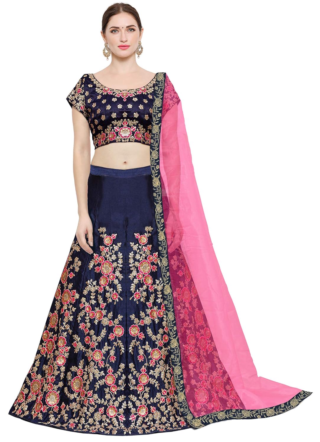 kedarfab women's taffeta silk lehenga choli with blouse piece (blue pink, free size)