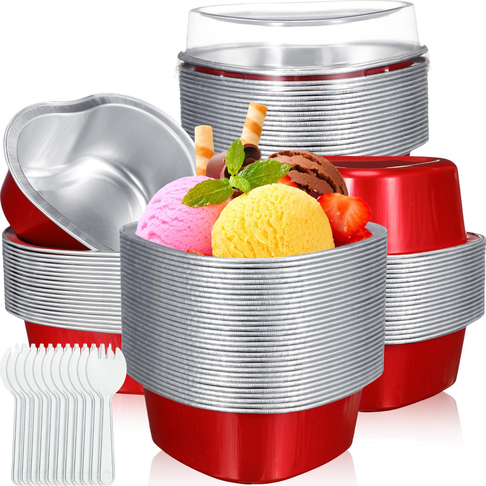 Photo 1 of Nuogo 60 Sets Mini Heart Cake Pan with Lids and Scoops 1.86 Oz/ 55 ml Mini Heart Shaped Foil Aluminum Disposable Baking Cupcake for Party Wedding (Red)