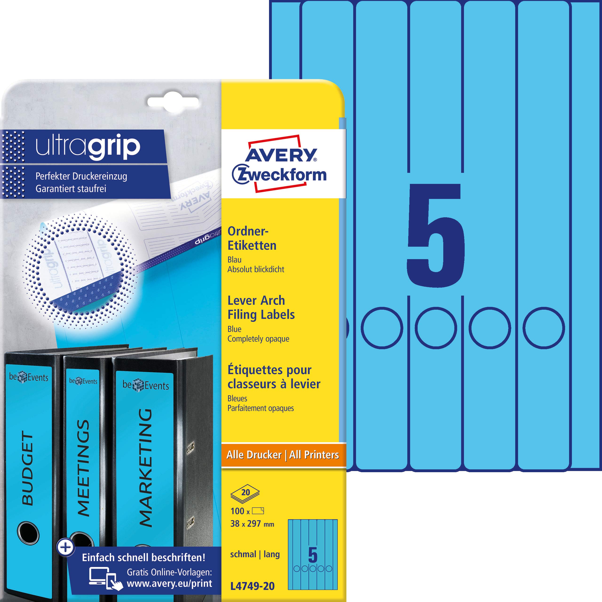 Avery Zweckform L4749-20 Filing Labels Long for Thin Folders such as Leitz, Elba, Esselte, Mehle, Herlitz and Bene, 38 x 297 mm, 20 Sheets