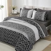 Dinjoy Queen Comforter Set Dark Gray Boho,Lightweight Black Bedding Sets for Men 7 Piece Bed in a Bag Queen Size Striped Comforters with Plaid Bed Set with Sheets All Season