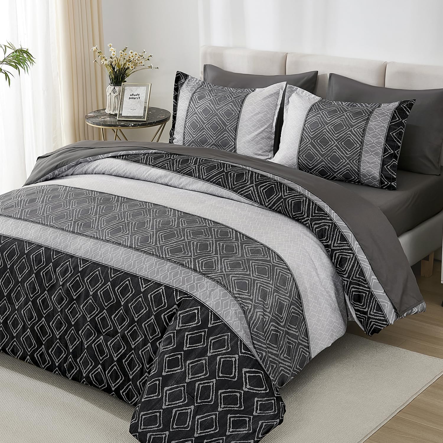 Photo 1 of Queen Comforter Set Dark Gray Boho,Soft 7 Piece Bed in a Bag Queen Size Black Bedding Sets Striped Comforters with Plaid Bed Set with Sheets for Men Fall Winter