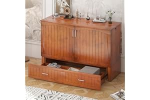 Mjkone Queen Murphy Bed with USB Charging Station | Modern Cabinet Bed with Tri-Folding Mattress | Hide-Away Bed with 2 Drawers for Bedroom | Guest Room | Office (Cherry Pattern B)