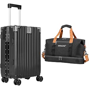 NOMISPADVIC 20 Inch Luggage Sets with Travel Duffle Bag, Black | 2 Piece Luggage Set Airline-Approved, Aluminum Frame Structu