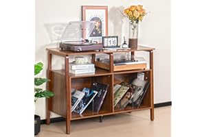 Mxtxmy Large Record Player Stand,Mid Century Turntable Stand Table with Open Storage Holds up to 300 Albums,Vinyl Record Storage Display Shelf for Living Room Bedroom (Walnut)