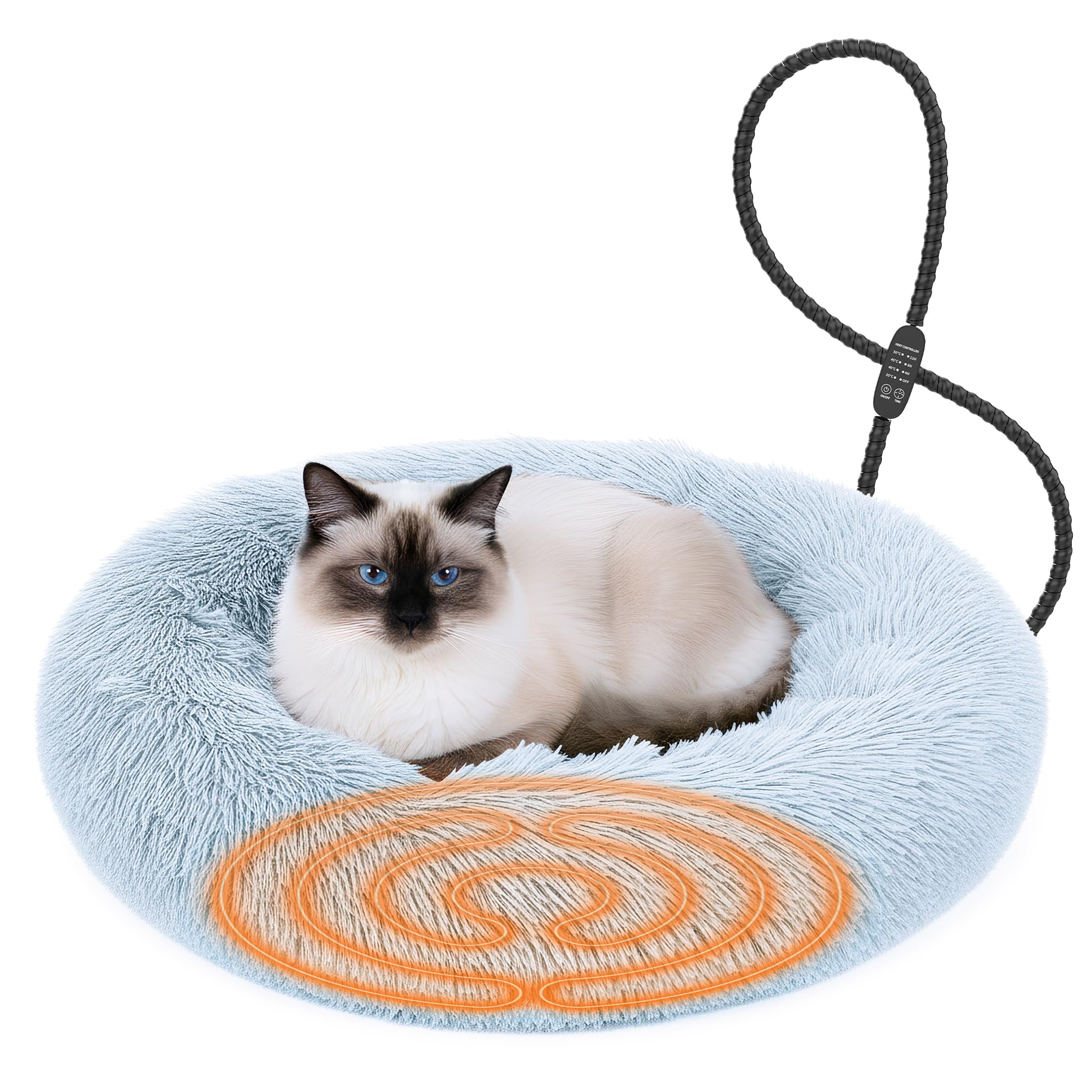 Photo 1 of Heated Cat Bed for Indoor Cats, 23-inch Cozy Donut with USB Power, Adjustable Temperature & Timer, Machine Washable Cover for Small & Medium Cats (Light Gray)