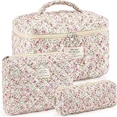 UUYUUY Makeup Bag for Women 3PCS Quilted Cotton Make Up Bag Travel Cosmetic Bag Large Makeup Bag Set Cute Makeups Organizer Floral Toiletry Pouch for Purse, Spring Meadow