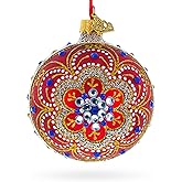 Baroque Filigree with Gemstones on Red Glass Ball Christmas Ornament 3.25 Inches