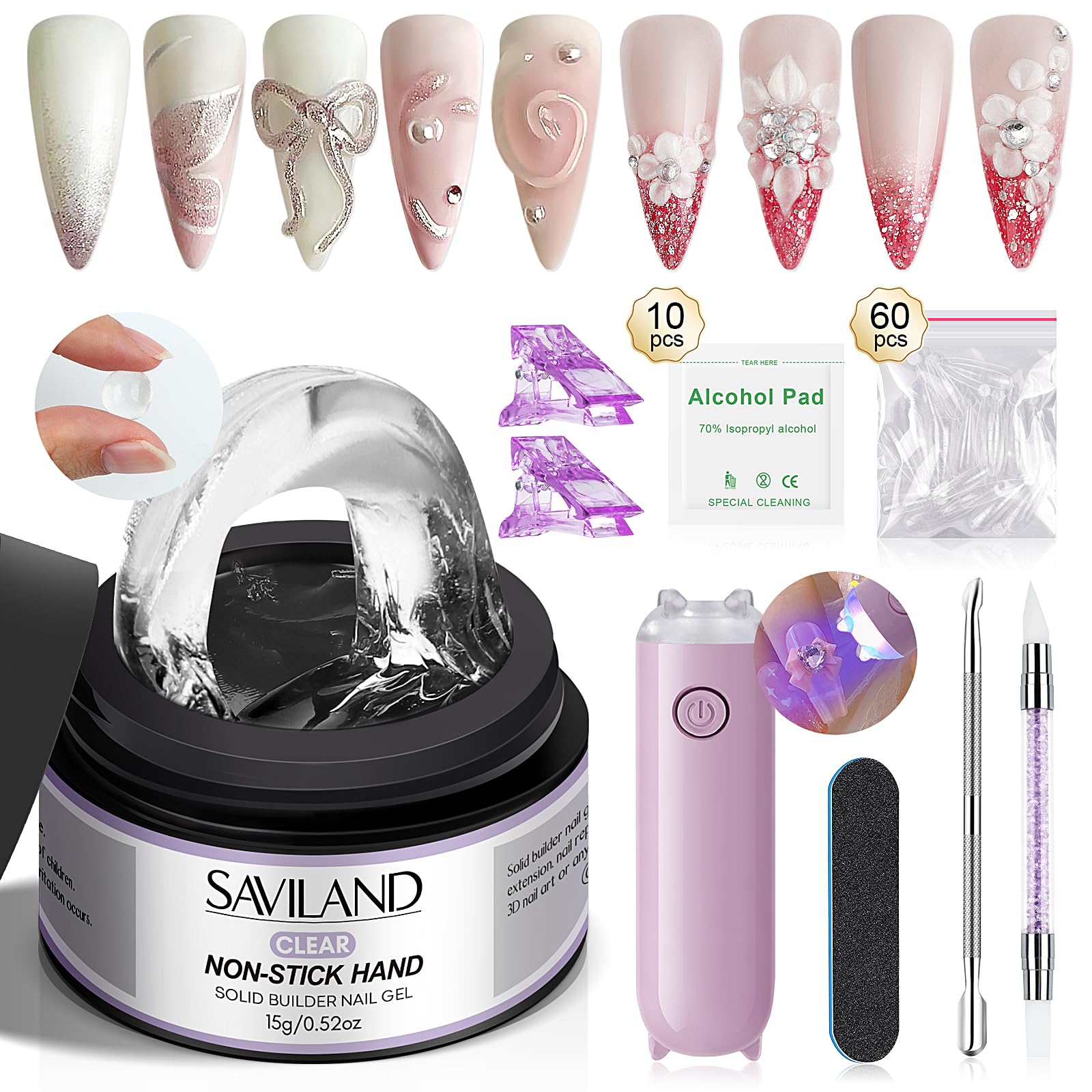 SAVILAND Solid Sculpture Builder Gel for Nails: 15g Clear Non-Stick Hand Nail Extension Gel with Mini Nail Lamp Nail Clips Cuticle Pusher 3D Carving Nail Art