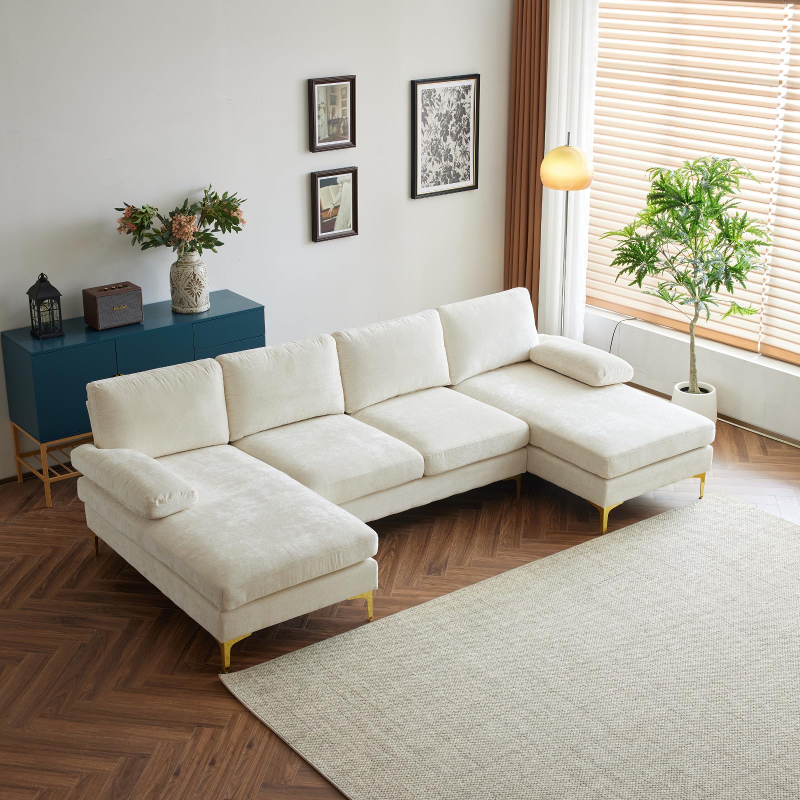 Photo 1 of **** SEE NOTES***Karl home Convertible Sectional Sofa 110" U-Shape Sofa Couch 4-Seat Couch with Chaise ChenilleFabric Upholstered for Living Room, Apartment, Office, Creamy White