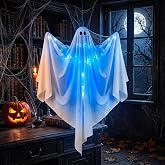 Halloween Decorations Hanging Light Up Ghost,Ghost Prop for Yard Decor | Adjustable Bendable Arms Ghost with Blue Lights,Easy Hang for Front Door Haunted House Halloween Decor