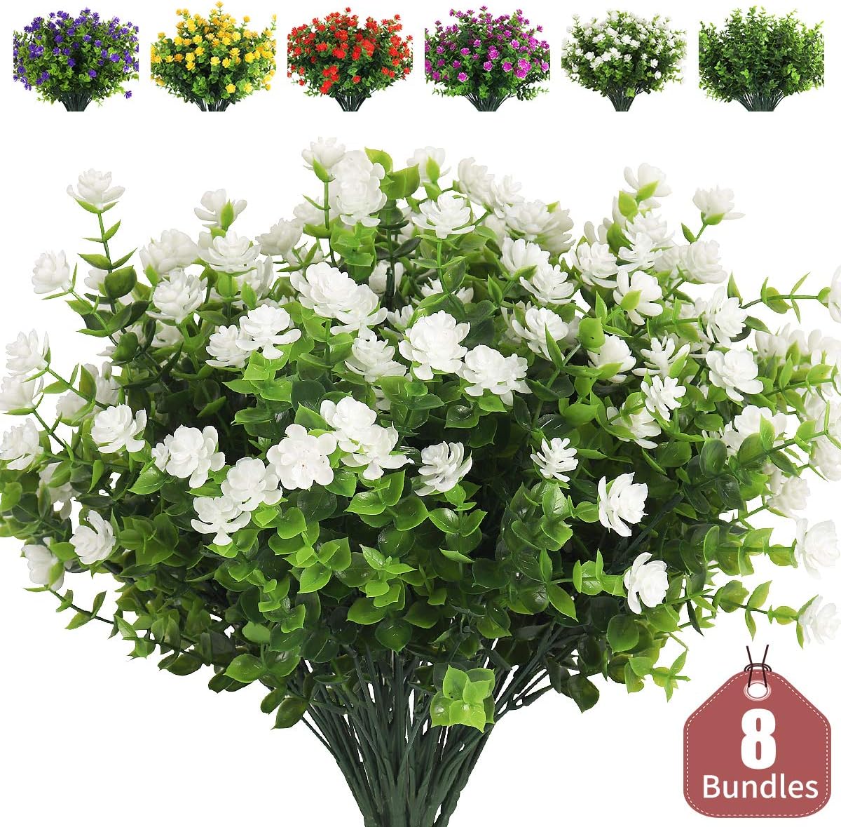 RECUTMS Artificial Flowers, Fake Outdoor UV Resistant Plants Artificial Lotus Flowers Eucalyptus Greenery Shrubs Bridal Wedding Bouquet for Home Garden Party Wedding Decoration 8 Bundles (White): Kitchen & Dining