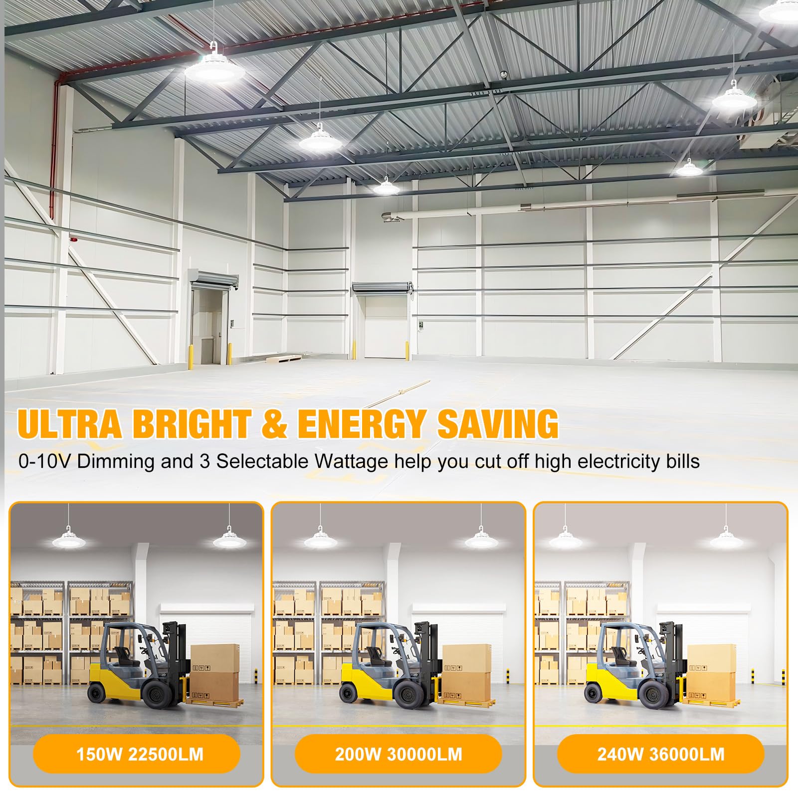 Condition photo showing New/Like New for jc-lgl 240w led ufo high bay light white, 36,000lm 0-10v dimmable shop lights, 5' cable with us plug