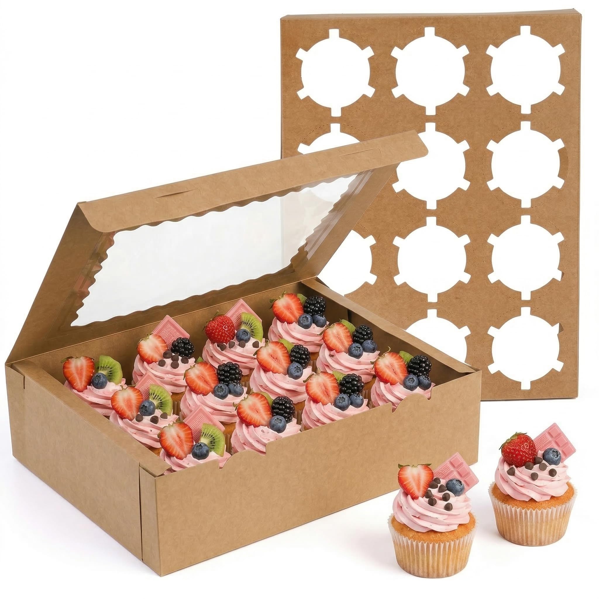 Jucoan 20 Pack 12 Hole Cupcake Boxes with Clear Window & Inserts, Kraft Cardboard Muffin Box for Bakery Storage, Reusable, Disposable Brown Pastry Container for Cupcakes, Muffins, Desserts