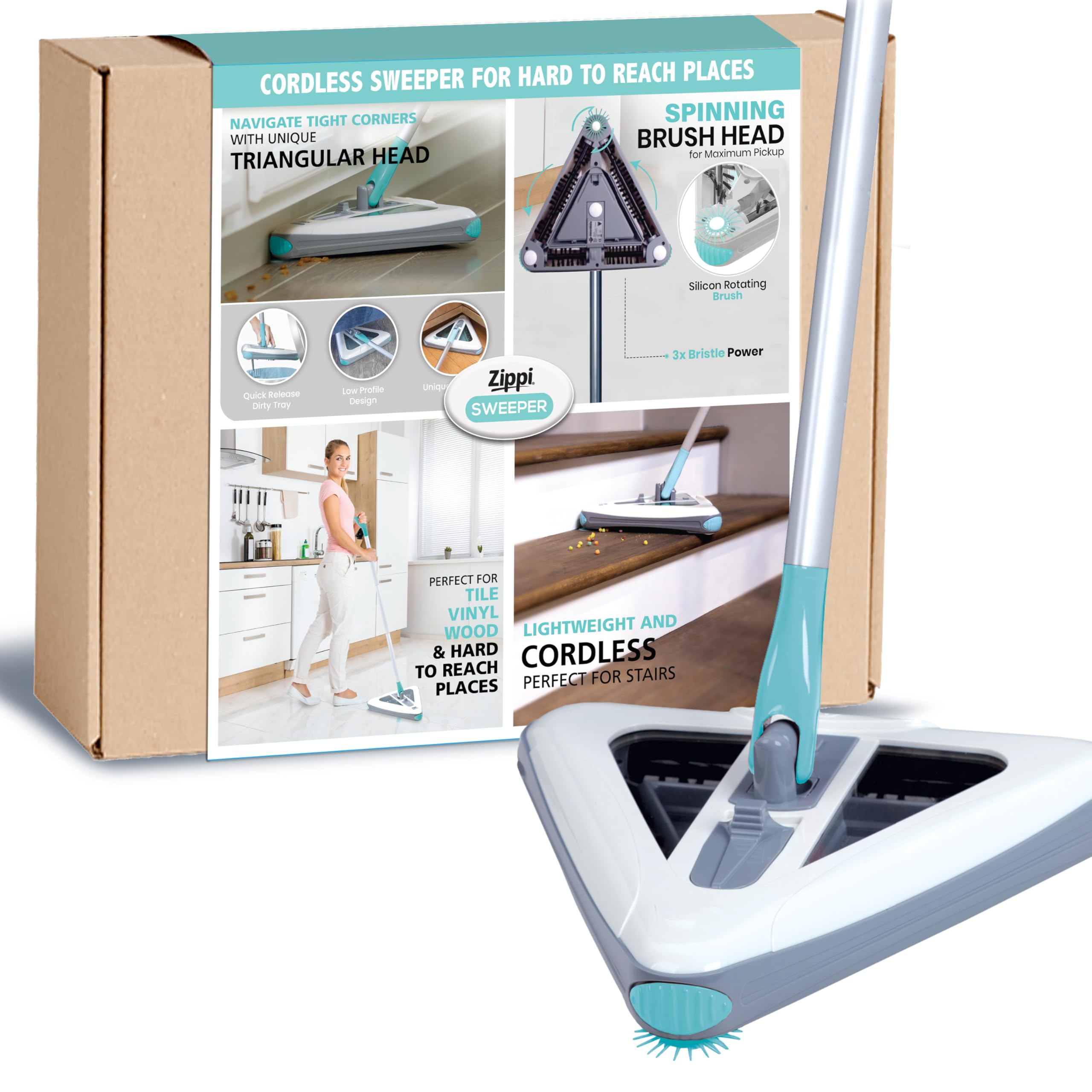 Zippi Sweeper Standard - 2025 New and Improved Lightweight Sweeper, Perfect for Short Carpet Hardwood and Tile, Triangular Design Allows for Sweeping in Corners, 30 Minutes Cleaning Time