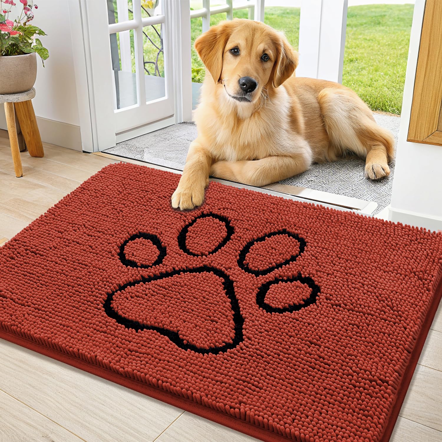 Smiry Dog Door Mat for Muddy Paws, Absorbent Dirt Trapper Non Slip Quick Dry Washable Chenille Mat for Mud Dogs, Entry Rug for Indoor and Outdoor (36x24 Inches, Maple Red and Black) Image