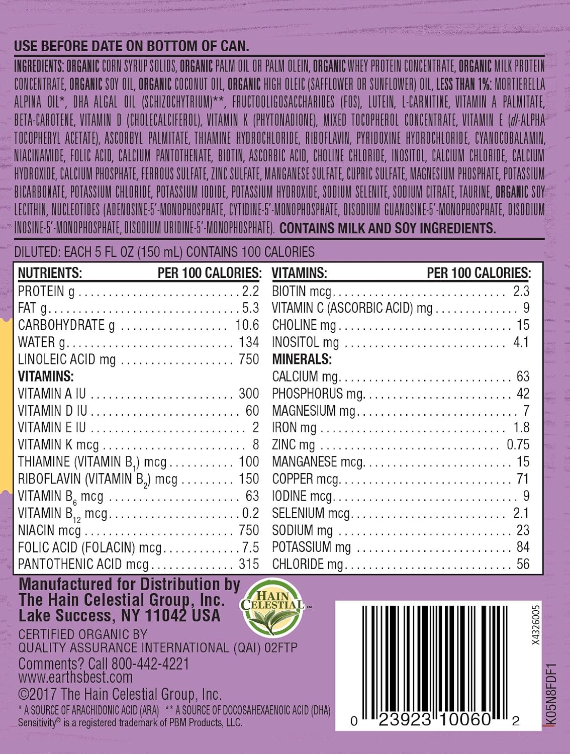 earth's best organic gentle infant formula with iron