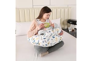 BABYLIAN Nursing Pillow for Breastfeeding,Ergonomic Baby Feeding Pillows with Removable Washable Cotton Slipcover, Adjustable Waist Strap,Plus Size,More Support for Mom and Baby(Blue Leaf)