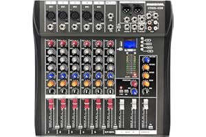 RIWORAL 6 Channel Mixer USB Interface Audio For 48v Line/Mic Jack Mix Bluetooth & Mp3 Player Output Audio Record By Phone & Pc For Karaoke Dj Stage Streaming