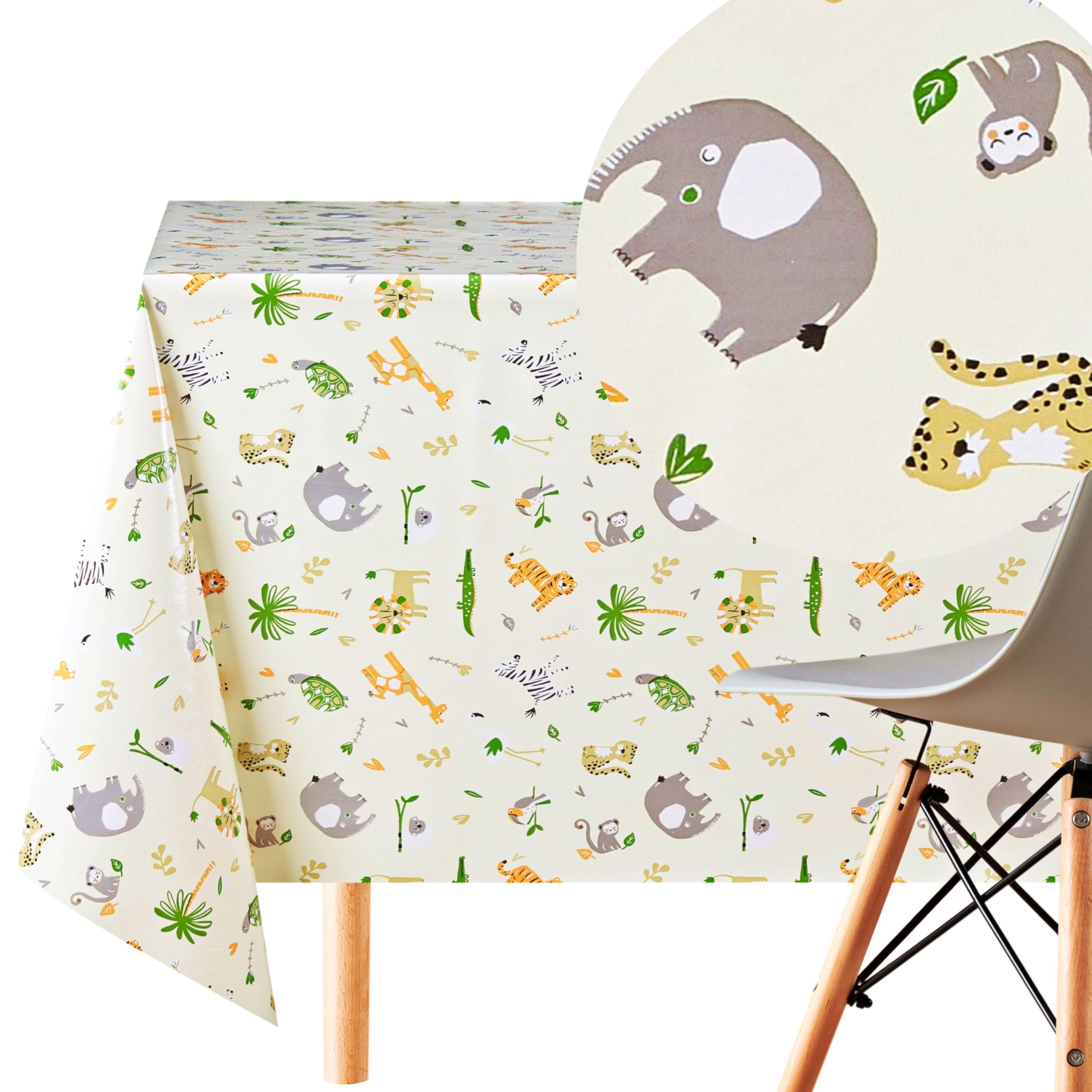 KP HOME Waterproof PVC Wipe Clean Tablecloth - Rectangle Oilcloth 98 X 55 in | 250 X 140 cm - Kids Safari Animals Wipe Down Table Cloth - Wipeable Kitchen Plastic Table Cover in Cream Beige
