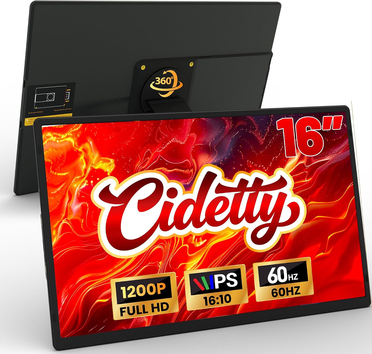 CIDETTY 16" Laptop Screen Extender, 1920x1200 FHD Portable Monitor for Laptop, 360° Magnetic Stand Travel Second Screen for Mac, Windows, Android Phone