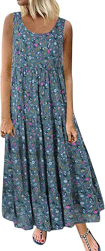 Amazon.com: Women Casual Loose Dresses Sleeveless Floral Linen Print Plus Size Maxi Dress: Clothing