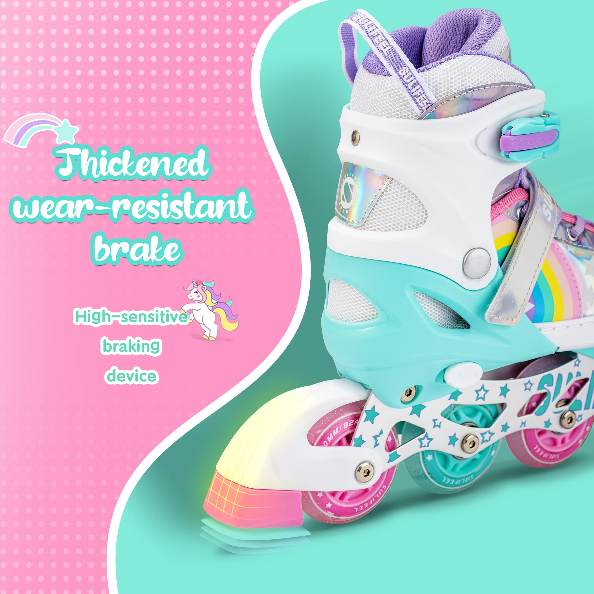 SULIFEEL Rainbow Unicorn Inline Skates for Girls Boys 4 Size Adjustable Light up Wheels Skates for Kids Beginner