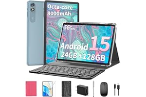 RELNDOO 2025 Android 15 Tablet with Keyboard, 24GB+128GB+2TB Expand, 10.1 Inch Octa-Core 2-in-1 Tablets with 5G/2.4G WiFi, 8000mAh, BT5.0, GMS Certified, with Mouse, Case, Stylus, Split Screen(Pink case)