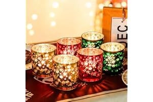 HOMMAX Christmas Candle Holder,Mercury Glass Tealight Votives Set of 6,Christmas Decorations Indoor,Snowflake Carving Tea Lights Centerpieces Table Decor