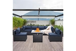 Valita 7 Piece Outdoor PE Wicker Furniture Set, Patio Black Rattan Sectional Sofa Couch with Washable Navy Blue Cushions,Adjustable Gas Fire Pit…
