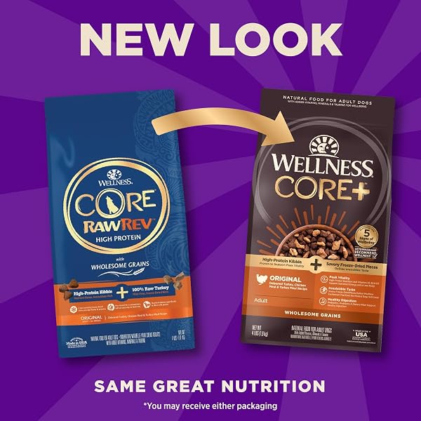 WELLNESS CORE+ ADULT DRY DOG FOOD WITH FREEZE DRIED PIECES, WHOLESOME GRAIN KIBBLE+, NATURAL, HIGH PROTEIN, TURKEY AND CHICKEN RECIPE, 4 LB BAG
