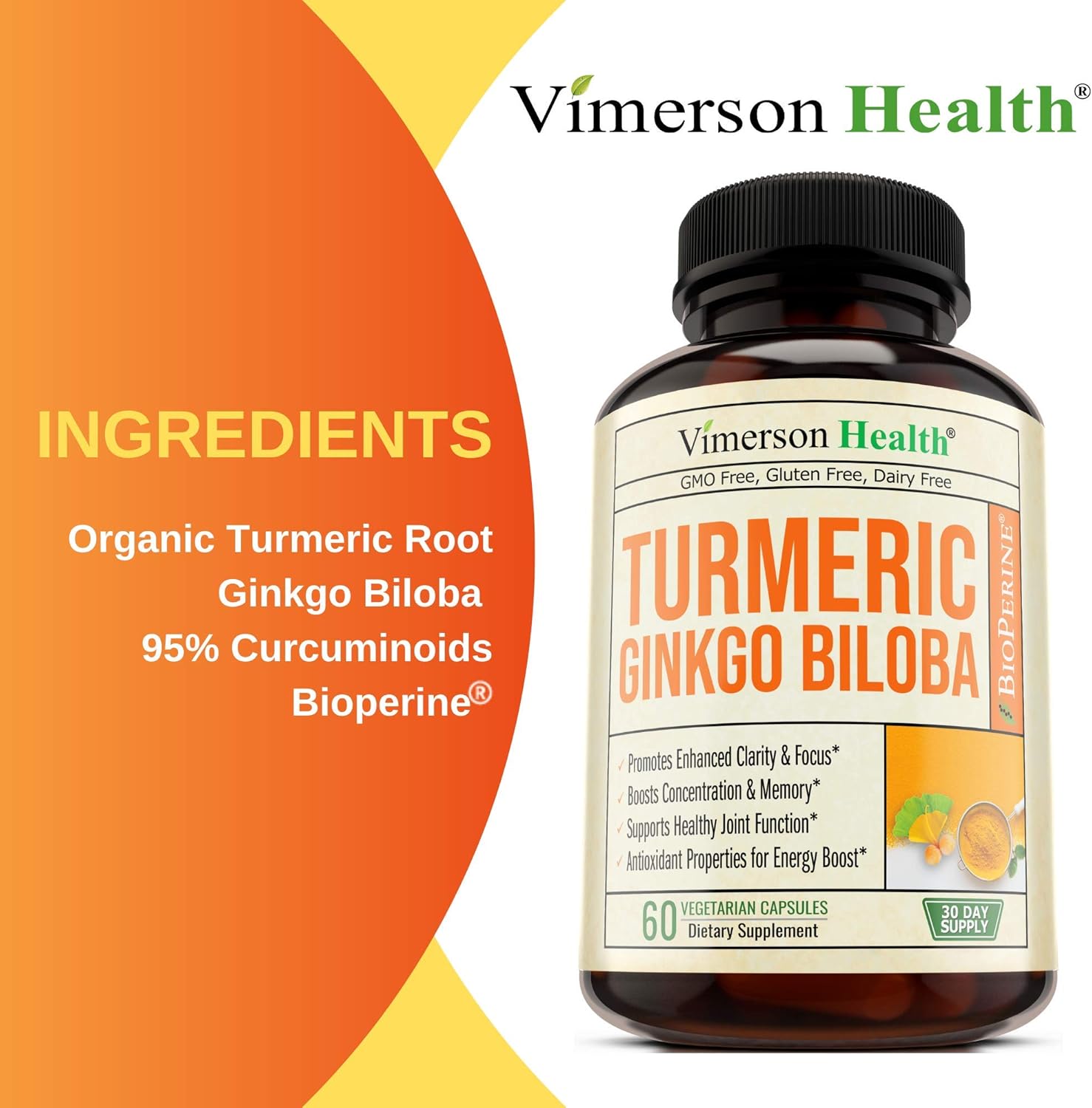 Turmeric Curcumin with Ginkgo Biloba Supplement. Helps Support Healthy Joints and Cartilage. Boosts Focus, Concentration, and Memory. Bioperine for Optimal Absorption. 60 milligrams, 60 Capsules: Health & Personal Care