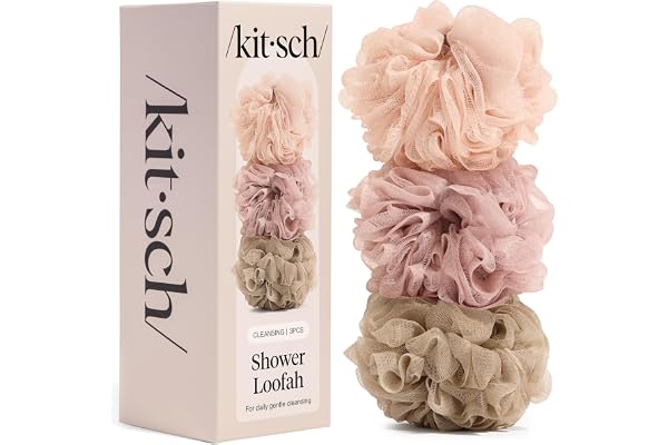 Kitsch Shower Loofah 3pc Set – Soft Mesh Body Scrubber & Bath Sponge for Daily Gentle Cleansing – Durable Loofah for Men and